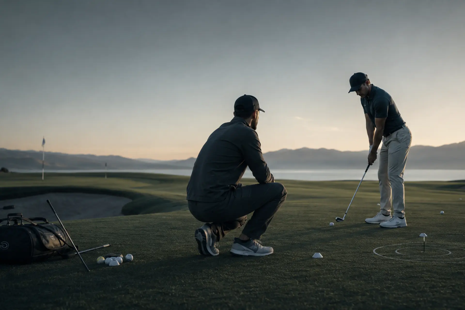 Coach watching a player strike a ball on the practice tee at dusk
